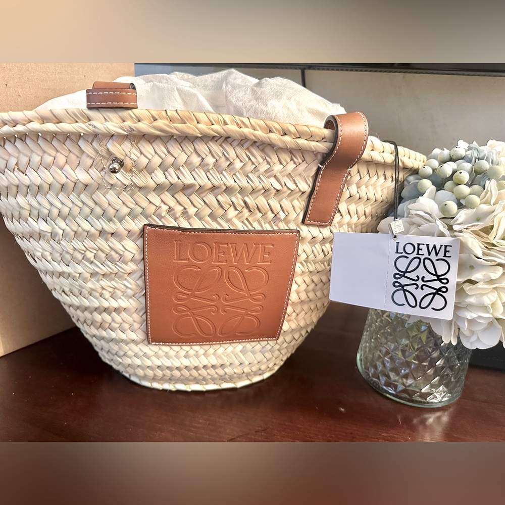 Loewe Small Basket Bag in palm leaf and calfskin